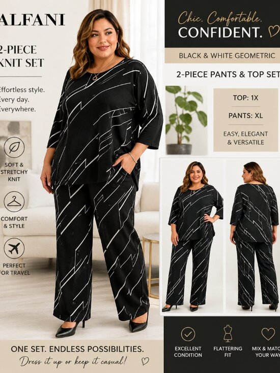 Alfani Pants - Alfani 2-Piece Pants & Top Set Black White Geometric Knit Top 1X Pants XL EUC
